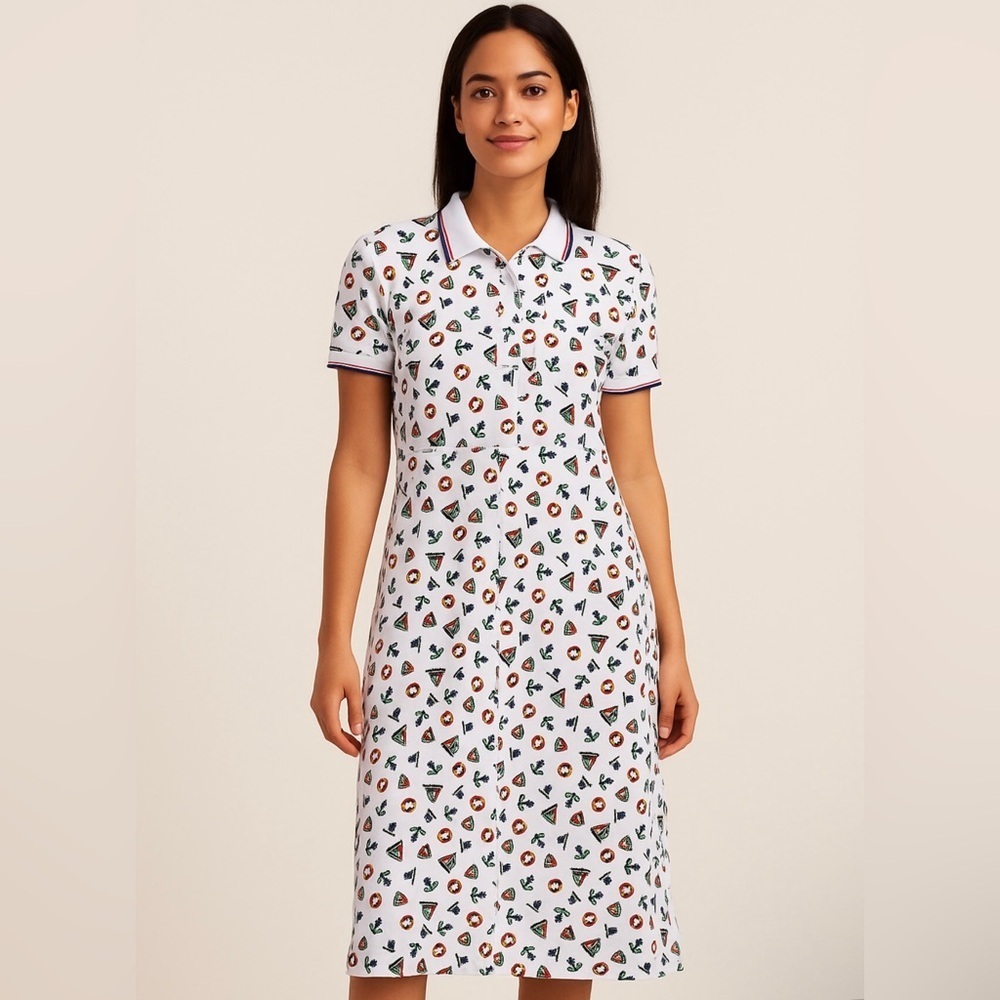 Sailboat dress 90s vintage medium White Polo Dress with Colorful Print